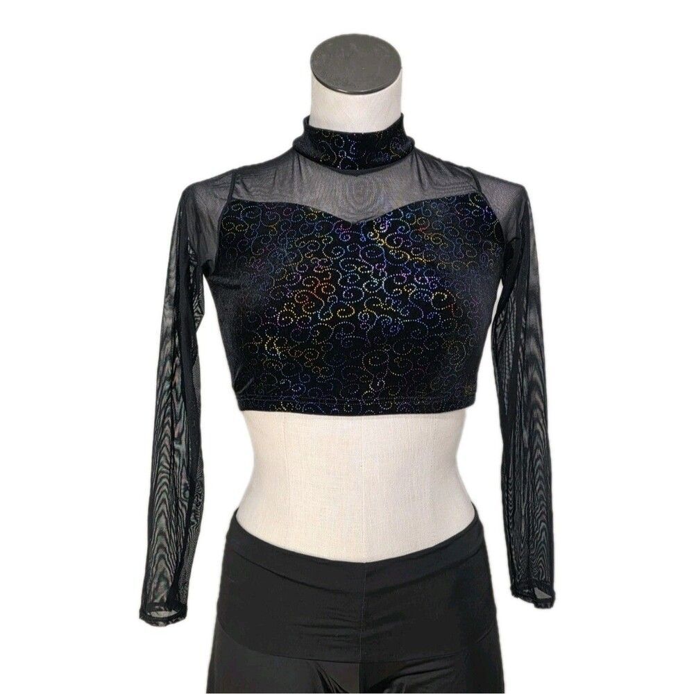 Body Wrappers VTG Mesh Velvet LS Mock Neck Dance Midriff Rainbow Bling Top AM, M - Picture 4 of 16